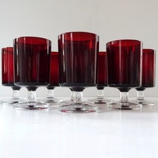Vintage Retro 1970s Red Luminarc Small Drinking Glasses Set Of Eight Short Stem