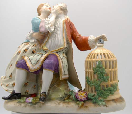Antique lovers with birdcage - 'lovers, birdcage'