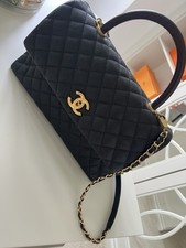 CHANEL Coco Top Handle Bag Quilted Caviar Large Black Excellent Condition