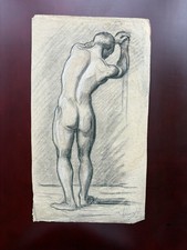 Antique Academic Nude Study – Male Figure Leaning Forward – Signed