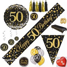 Black 50th & Happy Birthday Party Decorations Buntings Gold Banners Balloons Age