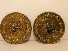 Pair of Vintage England Embossed Brass effect Wall Plate Tavern Scene 8.25" inch