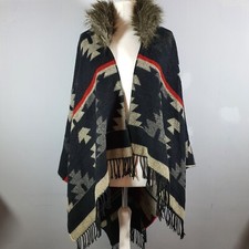 NAVAJO Poncho Aztec Mexican Blanket Wrap Fur Collar Oversized Black Red Size O/S