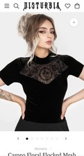 Disturbia Black Cameo Floral Flocked Mesh Velour High Neck Top Size 16 BNWT!