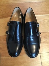 Mens leather double monk shoes. Black. Leather sole with rubber non slip insert.
