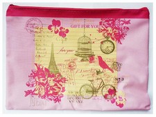 Large Vintage Flat Pencil Case Parisienne Flowers Birds Retro Design Pouch