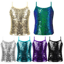 UK Kids Girls Shiny Sequins Cami Tank Top Dance Party Performance Costume Vest