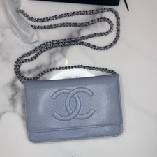 CHANEL Light Blue Caviar Leather Timeless WOC Clutch Bag with Chain Strap - Used