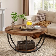 Round Coffee Table, 2-Tier Industrial Wooden Center Table with Storage Shelves
