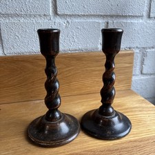 Antique Candle Sticks Barley Twist Wooden Small Rare Beautiful Old Pair