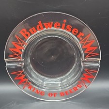 Vintage Budweiser King Of Beers Ashtray Clear Glass Red Advertising 5" Round
