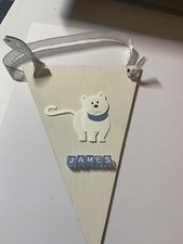 Wooden Hanger Nursery Gift Shabby Chic Rustic White Blue Cat Personalised 3d