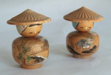 Pair Japanese Painted Wooden Bobble Head Dolls