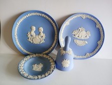 Wedgwood Vintage Blue Jasperware Lot of 4 Pieces Plates and Bell.