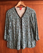 Miss By Captain Tortue Blouse Size 40 Black/Blue Abstract Blob Print Zip Front