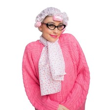 Adult OLD LADY Nanna Grandma Woman Grey Hair Fancy Dress 4pc Set Hen Stag Party