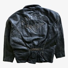 Vintage 90s Men's American Eagle Embossed Black Leather Pilot Jacket, Utility