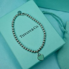 Tiffany & Co Blue Enamel Return to Tiffany Heart Bead Bracelet 7 Inch Silver 925