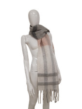 BARBOUR Ladies One Size Pink & Grey Check Fringed Autumn/Winter Scarf Pre Loved