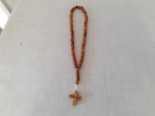 Vintage Wood Rosary Christian Religious Prayer Beads Cross Pendant Necklace