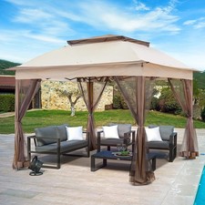 11x11 ft Outdoor Pop-Up Gazebo Tent with Mesh Walls – Beige – Patio, Lawn, Backy