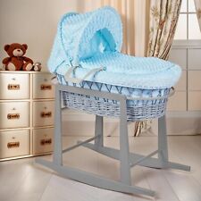 Luxury Moses Basket Padded Wicker Baby Full Set Rocking Stand  Grey Handle/Blue