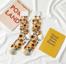 Yellow White Luxury Semi Sheer Embroidered  Edgy Sunflowers Novelty Ankle Socks 