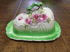 Vintage Antique Large Cheese/Butter Dish - Glazed Ceramic with Floral Pattern