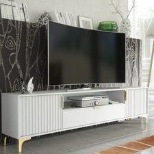 200cm White Loft Retro TV Unit I Milled Fronts I Vintage Cabinet  Cupboard Stand