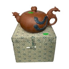 Vintage Yixing Phoenix Handled Teapot | Square Circle Factory 1 Zisha Clay Boxed