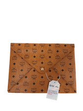 MCM Ladies Large Light Brown Monogram/Gold Buttoned Vintage Clutch Bag Pre Loved