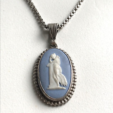Vintage Sterling Silver Box Chain Oval Blue White Wedgwood 925 Pendant Necklace