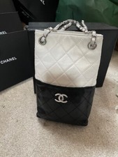 CHANEL   Black White Lambskin Leather Bag Silver hardware, Chanel Serial card