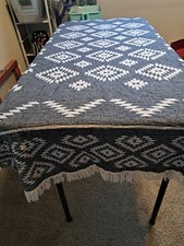 Teema Geometric Design Tablecloth Fringed Cotton Gray White Reversible