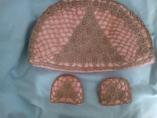 Vintage - Crochet tea cosy padded handmade peach satin + 2 boiled egg covers New