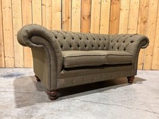 HANDMADE 2 SEATER SAGE GREEN TWEED  HERRINGBONE WOOL CHESTERFIELD SOFA