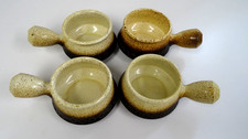 4 X IDEN POTTERY RETRO SOUP BOWLS HANDLES BEIGE BROWN SPECKLED GLAZE RYE 1970S
