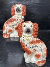 Stunning Antique Pair Of Staffordshire Spaniel Mantle Wally Dogs 8” Tan & White