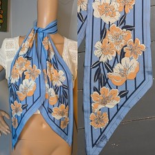 Vintage Jacqmar Crepe Blue Poppy Floral Scarf Long Tapered 20s 30s 62"