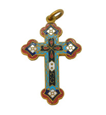 19th Century Gilt Metal & Enamel Religious Cross Pendant Antique c1880