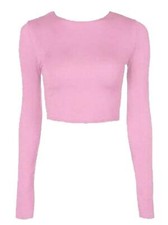 WOMENS CROP TOP LONG SLEEVE SCOOP CREW NECK LADIES BRALET T-SHIRT VEST 8-14 