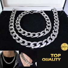 Mens Polished Silver Stainless Steel 10mm Cuban Curb Chain Necklace Bracelet Set