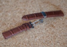 20mm Brown Crocodile Leather Watch Strap Band - Deployment Clasps - White Stitch