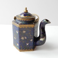 Beautiful Old Chinese Cloisonne Enamel Tea Pot Navy Blue & Gold