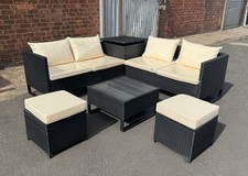 NEW 2025 RATTAN GARDEN CORNER SOFA SET+ STOOLS+ COFFEE TABLE+ STORAGE BOX BLACK!