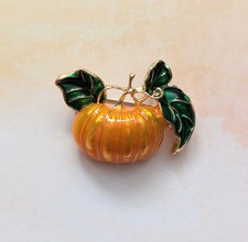 Halloween Pumpkin Brooch Orange & Green Enamel  & Gold Tone Cinderella Jewellery