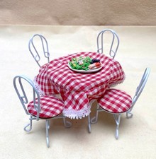 Vintage Dolls House French Café Table & Upholstered Chairs in White Wire Metal