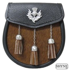 Mens Scottish Brown Calf Skin Thistle Sporran With 3 Tassels Semi-Dress Sporran