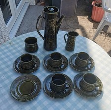 Vintage Saxony Ellgreave "Woven Rings" Green Glazed Pottery Coffee Set