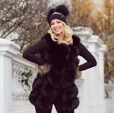 Popski London Real Fox Fur Gilet Black One Size (Fits UK 8-12) RRP £795